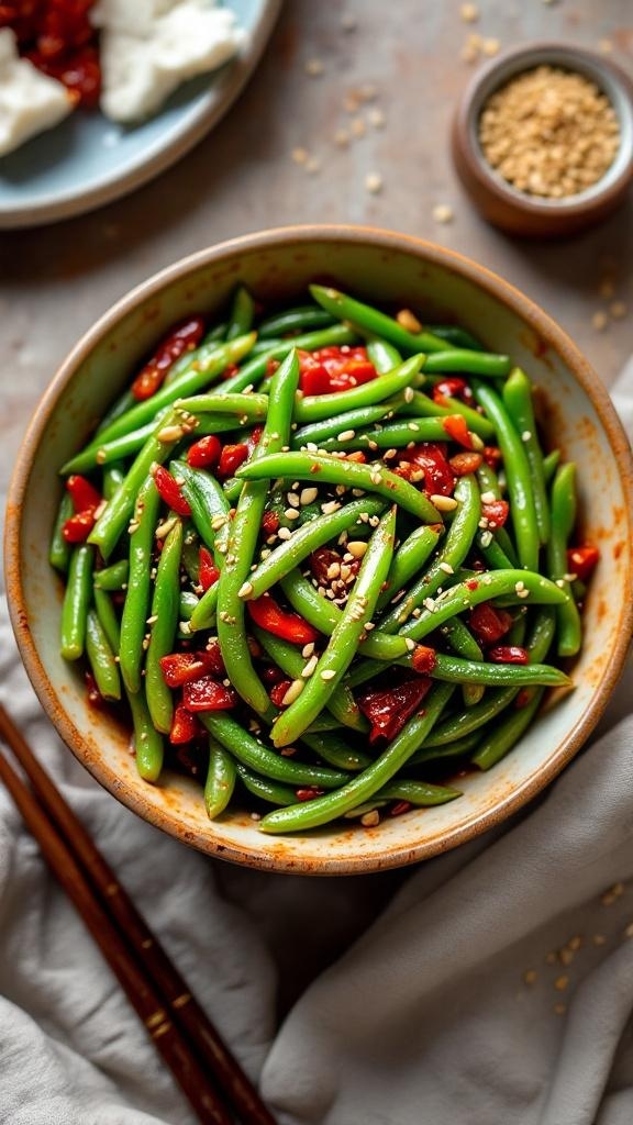A bowl of spicy Szechuan green beans with red bell peppers and sesame seeds