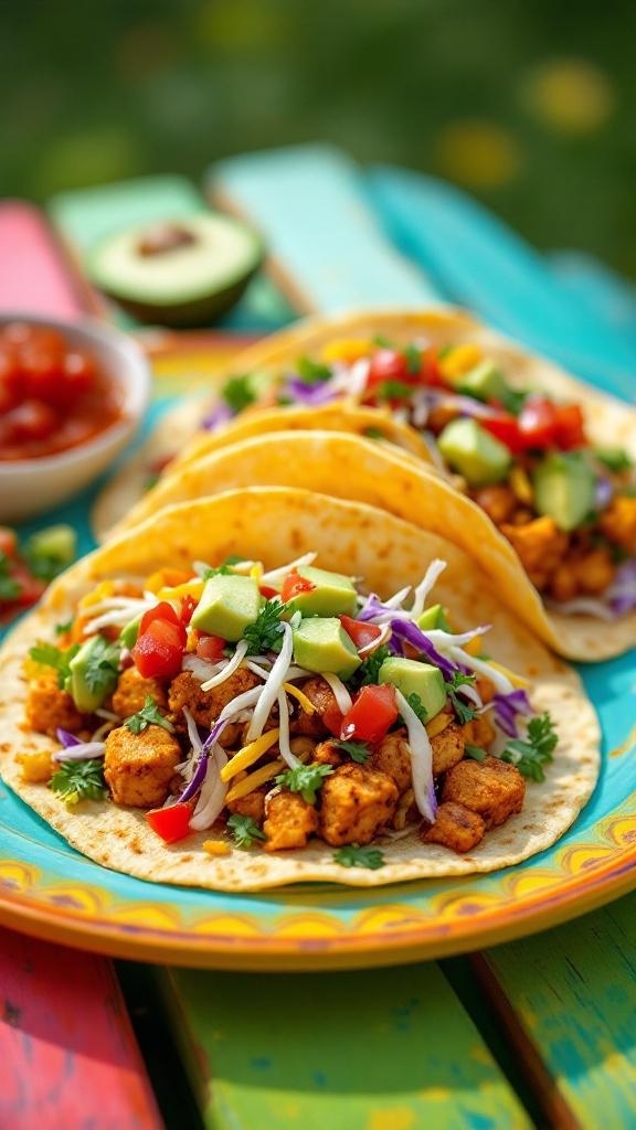 Spicy tempeh tacos with fresh toppings on a colorful plate