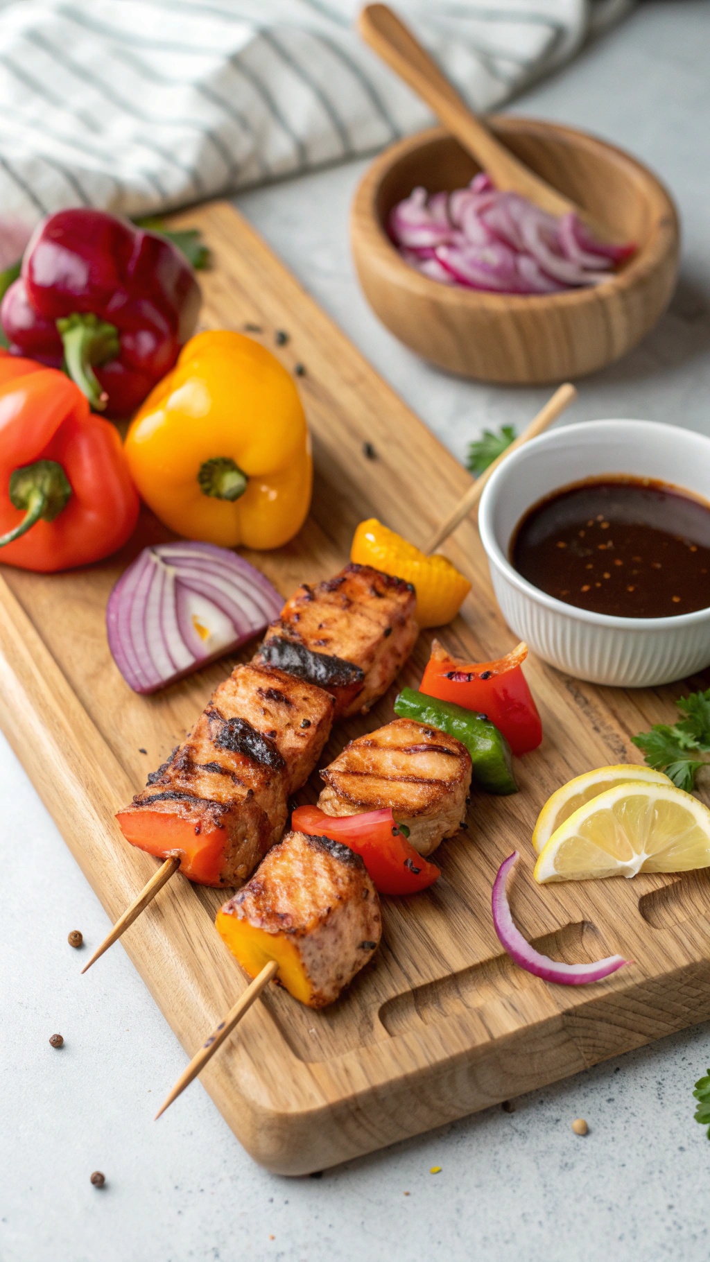 Spicy Teriyaki Salmon Skewers with bell peppers on a wooden board