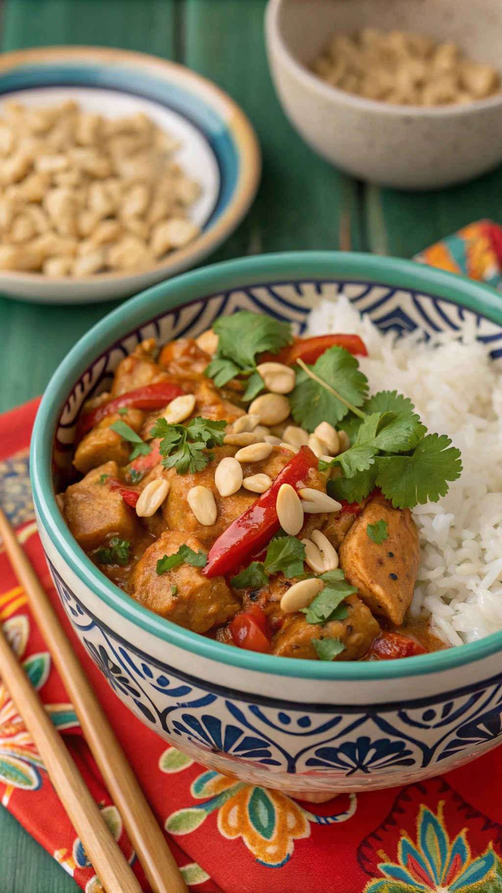 A bowl of Spicy Thai Peanut Chicken served with rice, garnished with cilantro and peanuts.