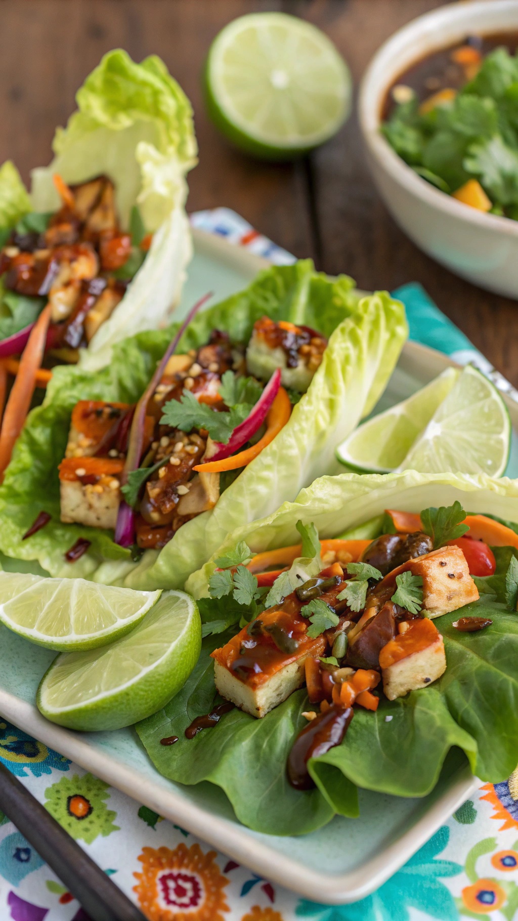 Spicy tofu lettuce wraps with hoisin sauce, garnished with lime and cilantro.
