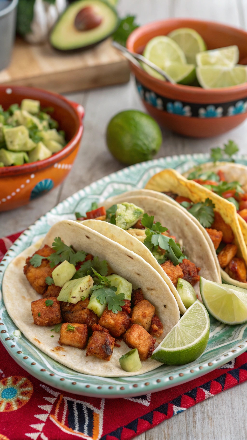 Spicy tofu tacos with avocado salsa on a colorful plate