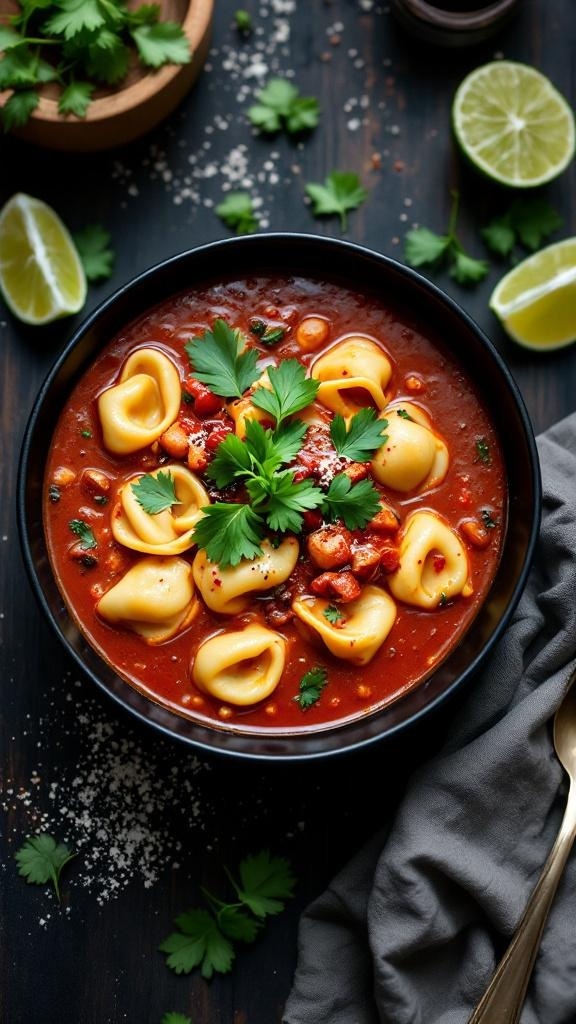A bowl of spicy tortellini soup garnished with cilantro and lime, showcasing a rich tomato broth and cheese tortellini.