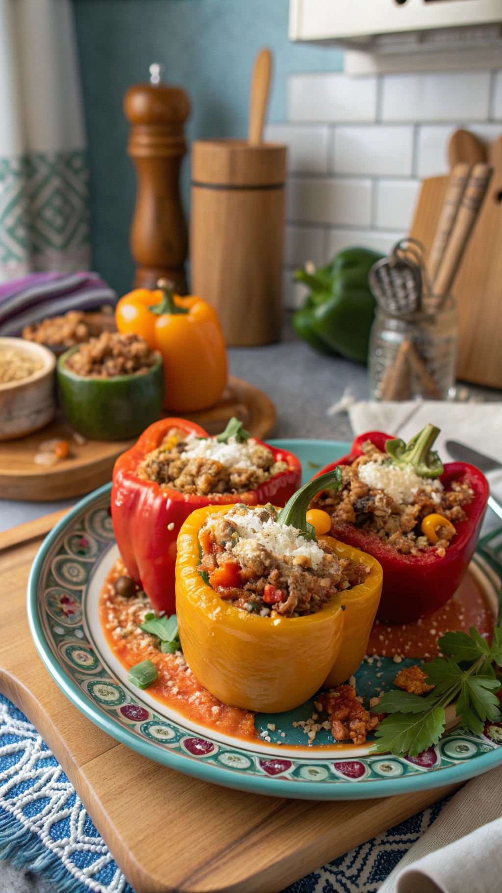 Spicy Turkey and Quinoa Stuffed Peppers on a colorful plate with a wooden background.