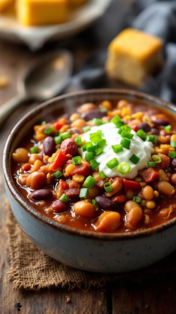 A bowl of spicy turkey chili topped with green onions and sour cream, with cornbread in the background.