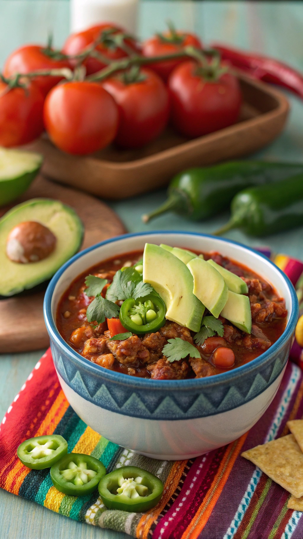A bowl of spicy turkey chili topped with avocado slices and jalapeños, surrounded by fresh tomatoes and green peppers.