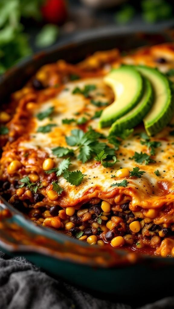 A delicious vegan lasagna with layers of beans, corn, and topped with avocado and cilantro.