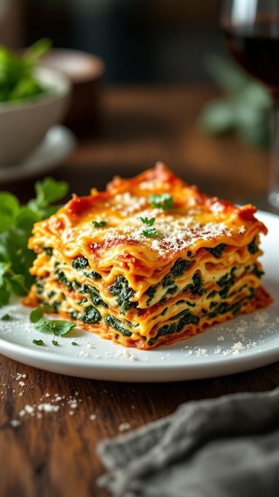 A slice of spinach and ricotta lasagna on a plate, garnished with parsley.
