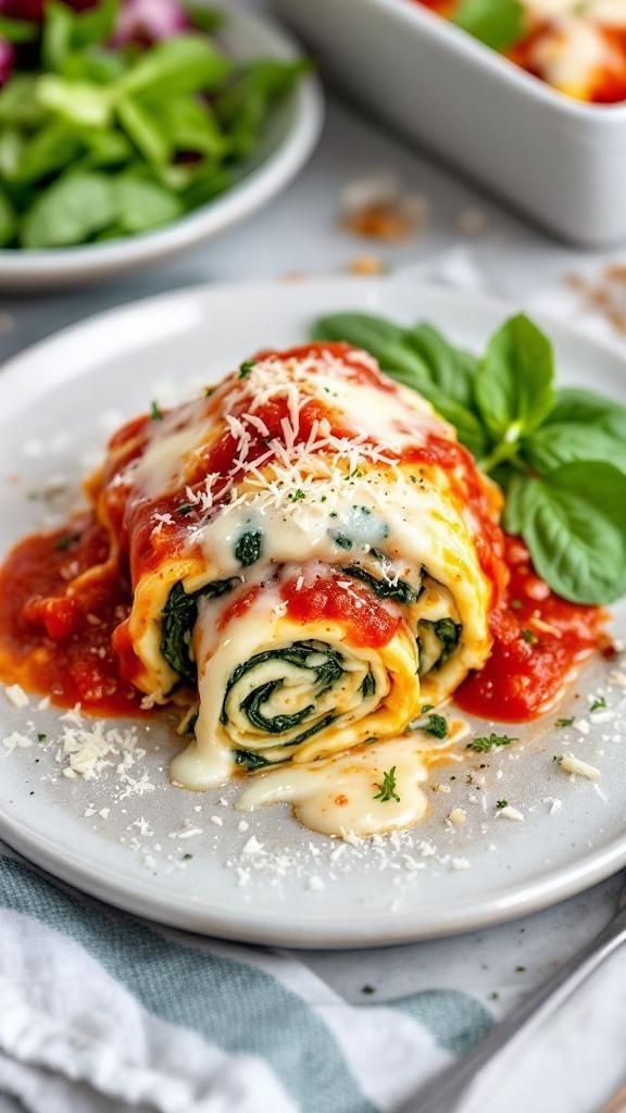 A plate of spinach and ricotta lasagna roll-ups topped with marinara sauce and cheese, garnished with basil.