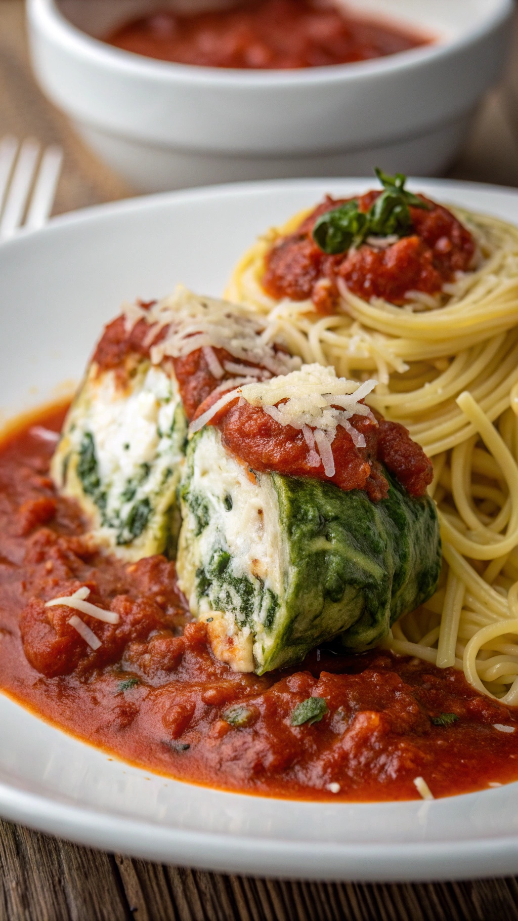 A plate of spinach and ricotta stuffed spaghetti topped with marinara sauce and cheese.