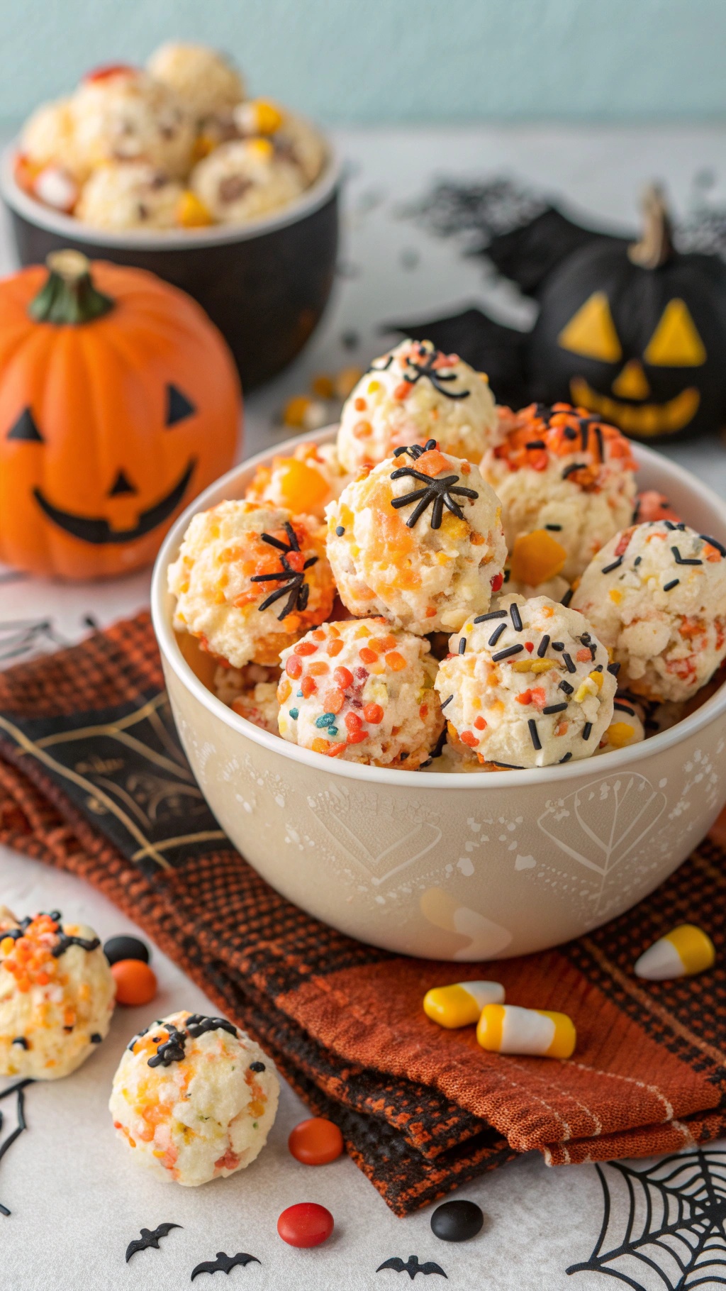 A bowl of colorful popcorn balls decorated with Halloween sprinkles, surrounded by candy and a pumpkin.