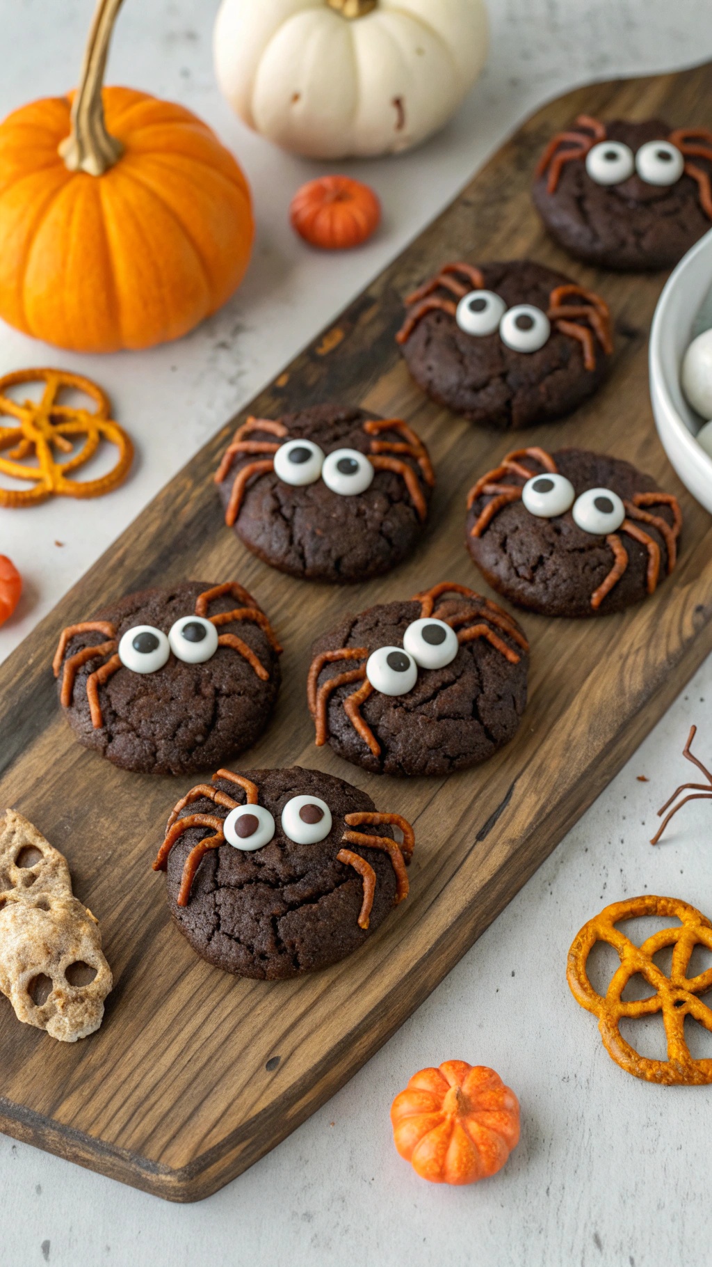 A wooden platter with spider-shaped cookies made of chocolate, decorated with pretzel legs and candy eyes, surrounded by small pumpkins and Halloween-themed decorations.