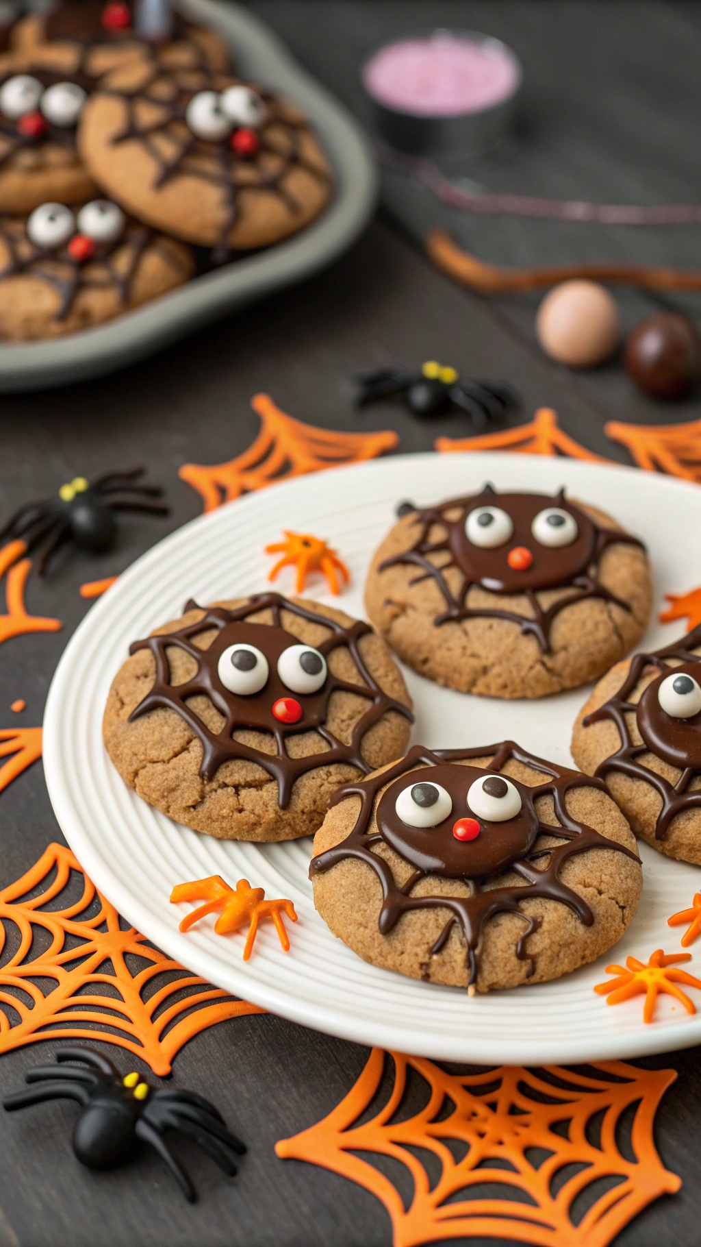A plate of spooky spider cookies decorated with chocolate webs, candy eyes, and red noses, surrounded by Halloween-themed decorations.