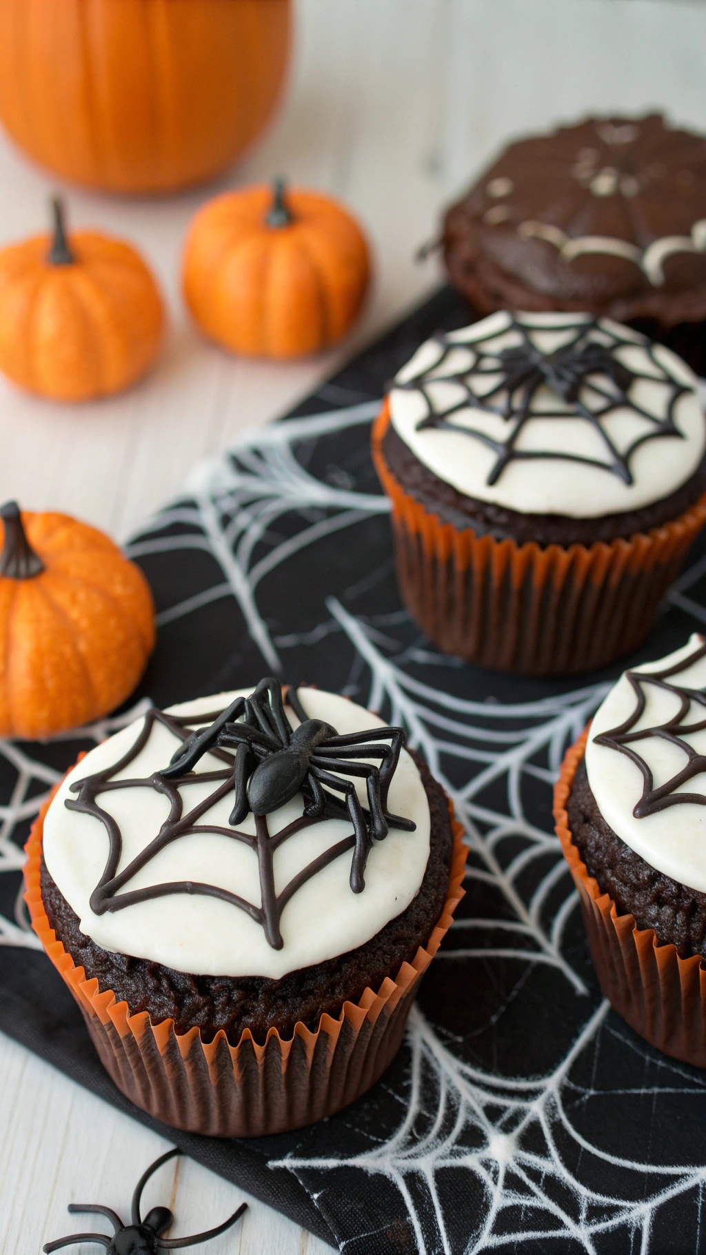 Spooky Spider Web Cupcakes decorated with black icing and plastic spiders