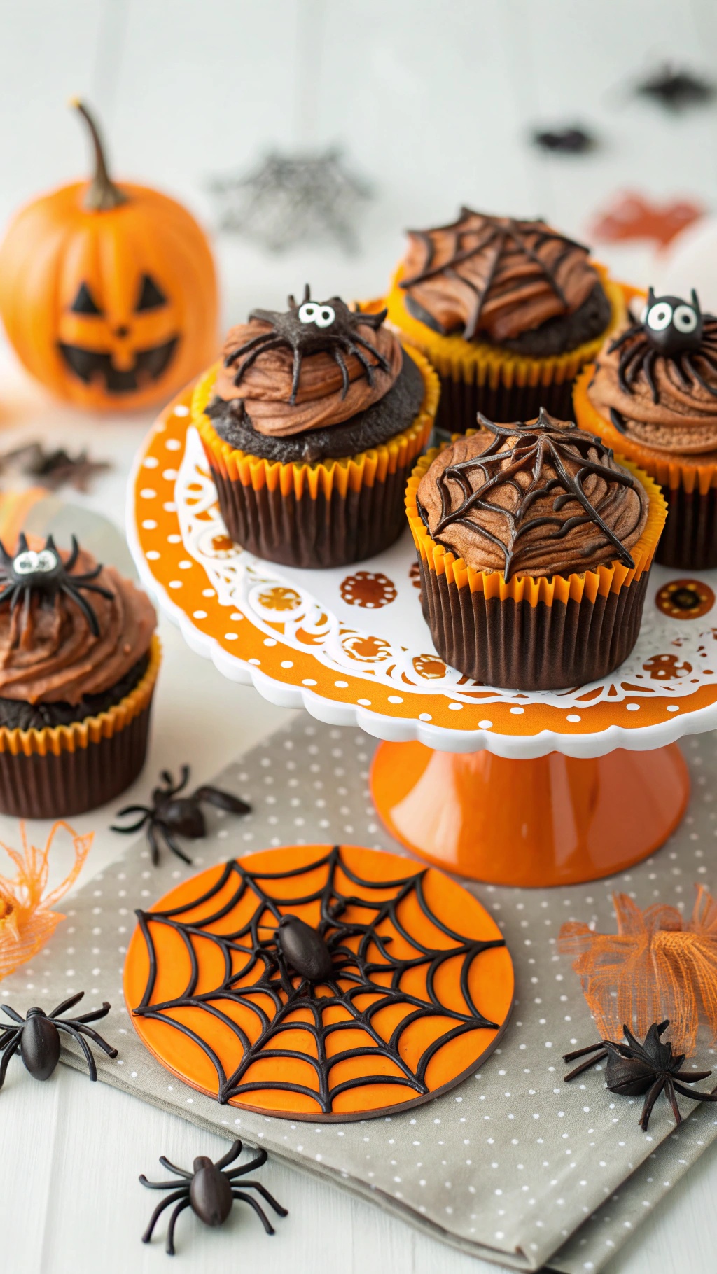 Spooky spider web cupcakes decorated with chocolate frosting and spider decorations, displayed on an orange cake stand.