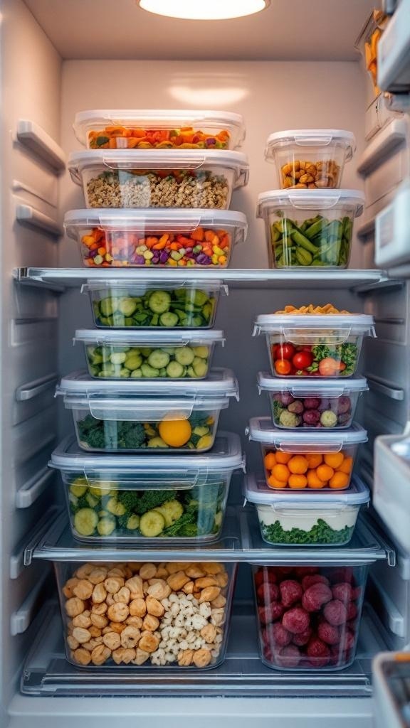 A fridge filled with colorful stackable containers holding various fresh ingredients.