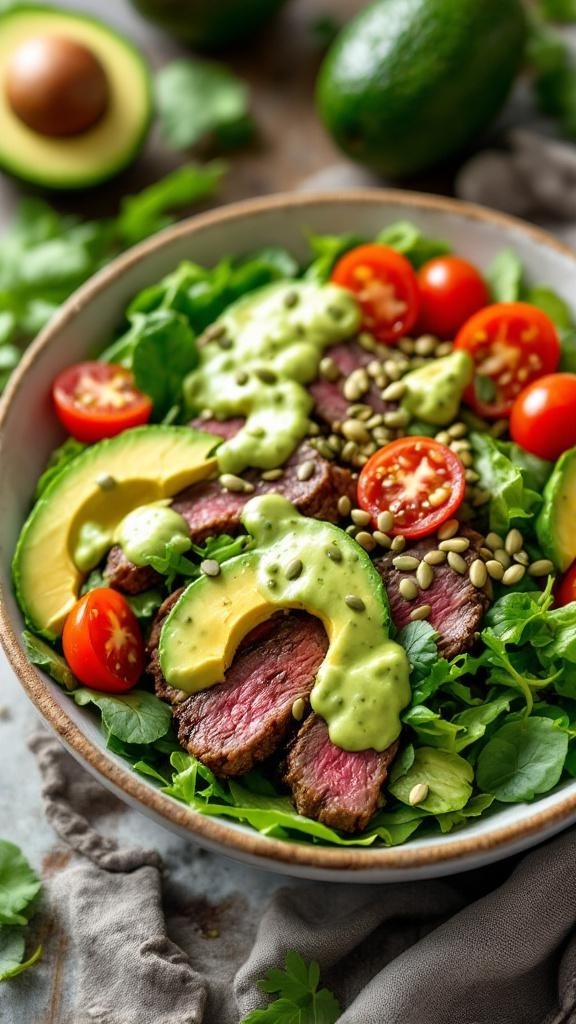 A vibrant steak salad topped with creamy avocado dressing, cherry tomatoes, and pumpkin seeds.