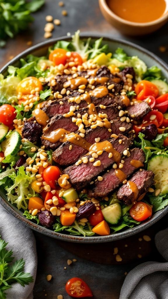 A vibrant steak salad topped with spicy peanut dressing and toasted peanuts.