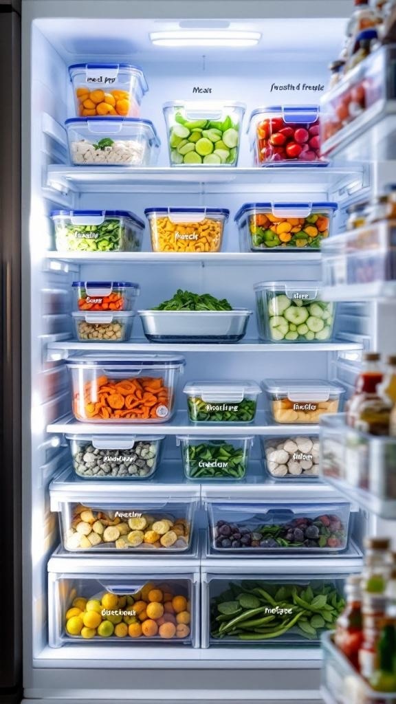 A well-organized fridge with labeled containers filled with various meal prep ingredients.