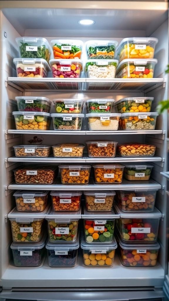A well-organized fridge with labeled containers filled with various meal prep ingredients.