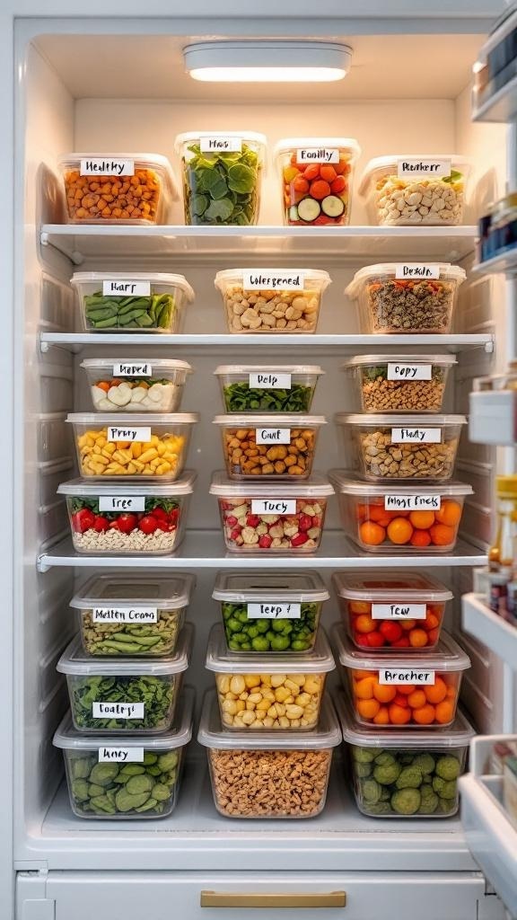 A well-organized refrigerator filled with labeled containers of prepped meals and ingredients.