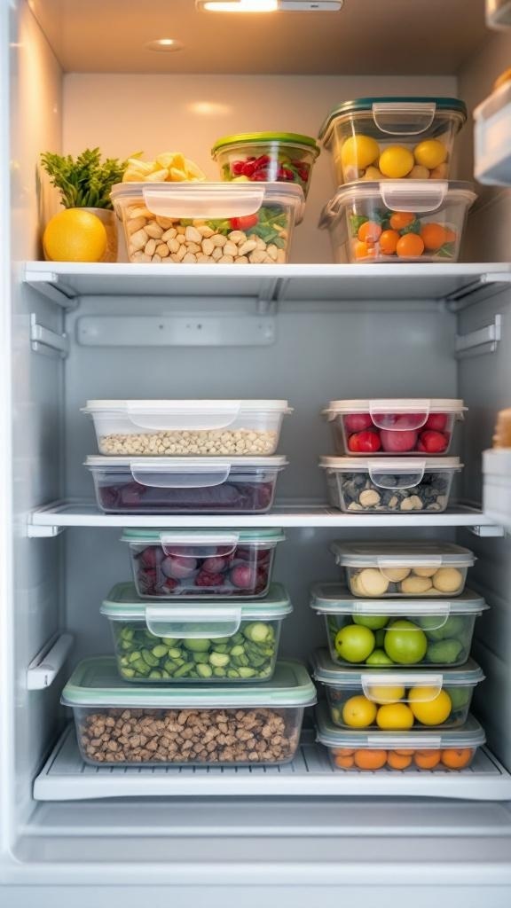 A well-organized refrigerator filled with colorful containers of fruits, vegetables, and grains.