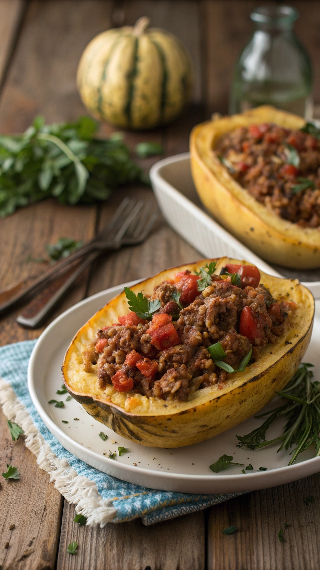 Stuffed spaghetti squash with ground meat and tomatoes on a wooden table