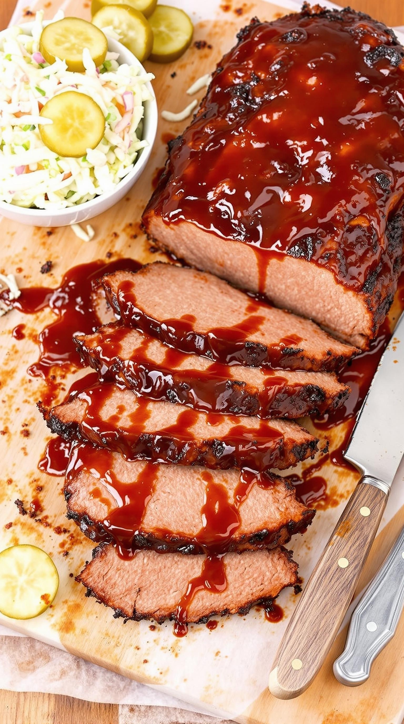 Sliced BBQ beef brisket with sauce and sides of coleslaw and pickles on a wooden board.