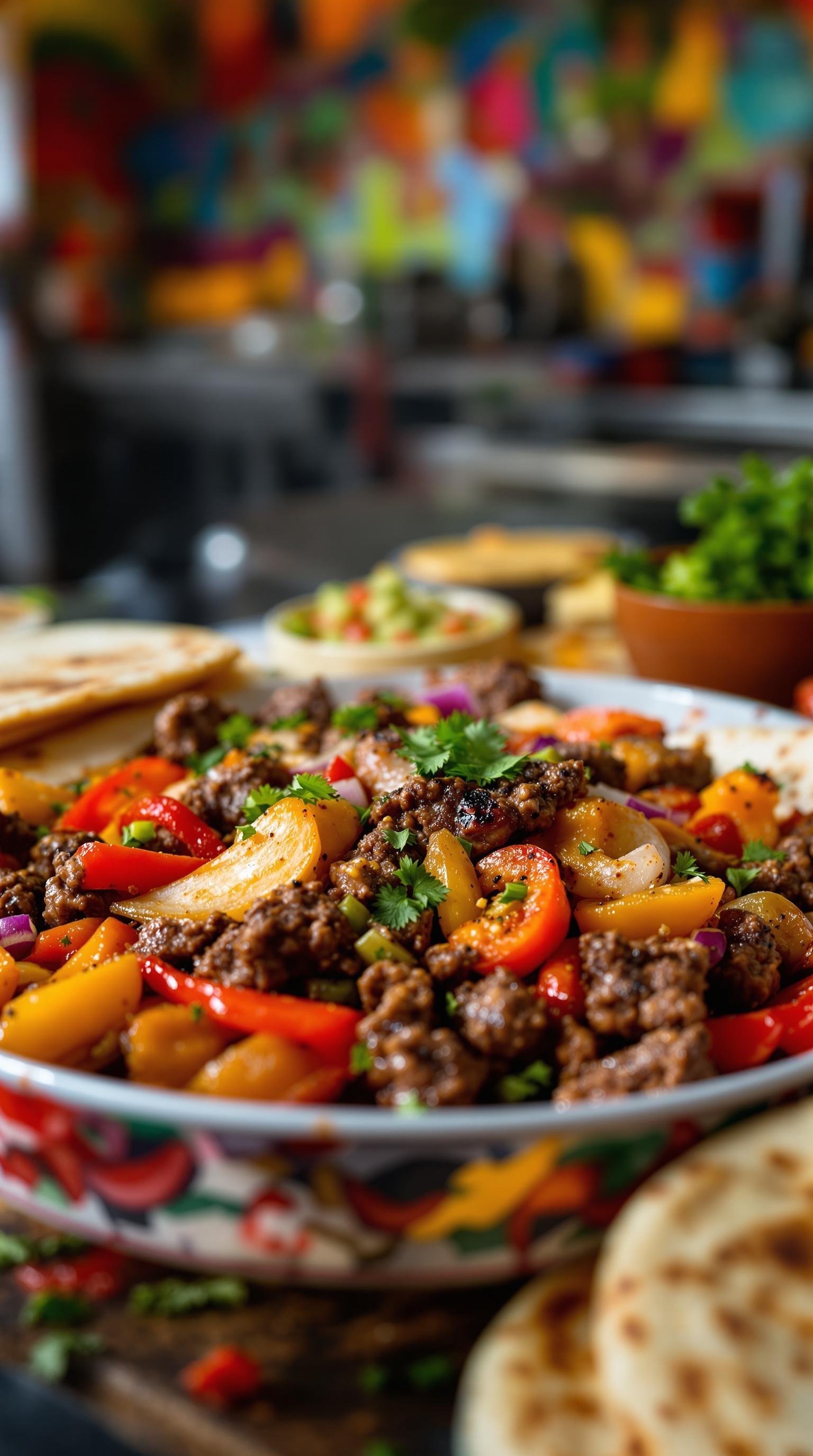 A colorful plate of beef fajitas with grilled vegetables, garnished with cilantro.