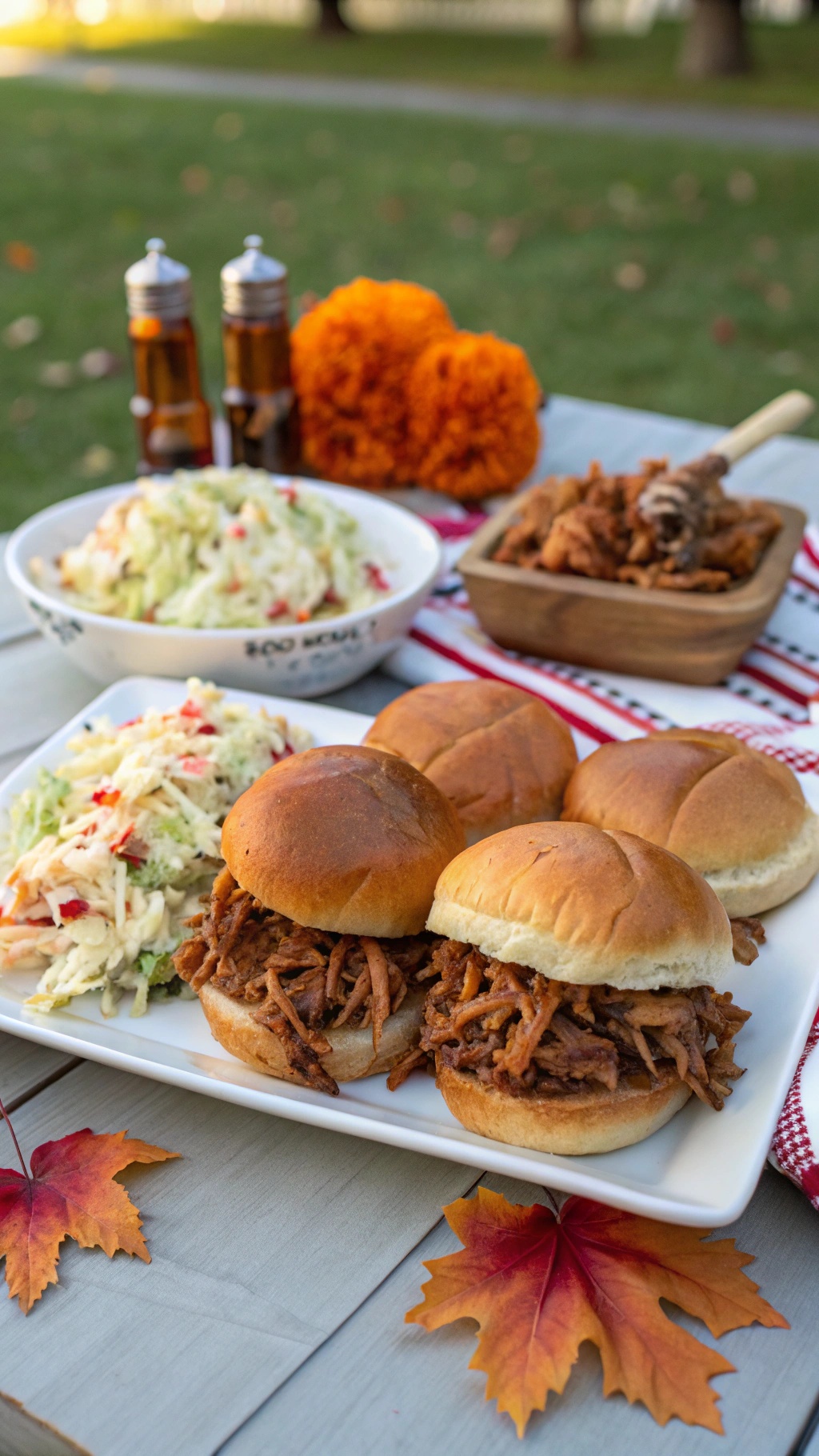 Pulled pork sandwiches with coleslaw on a table decorated with autumn leaves.