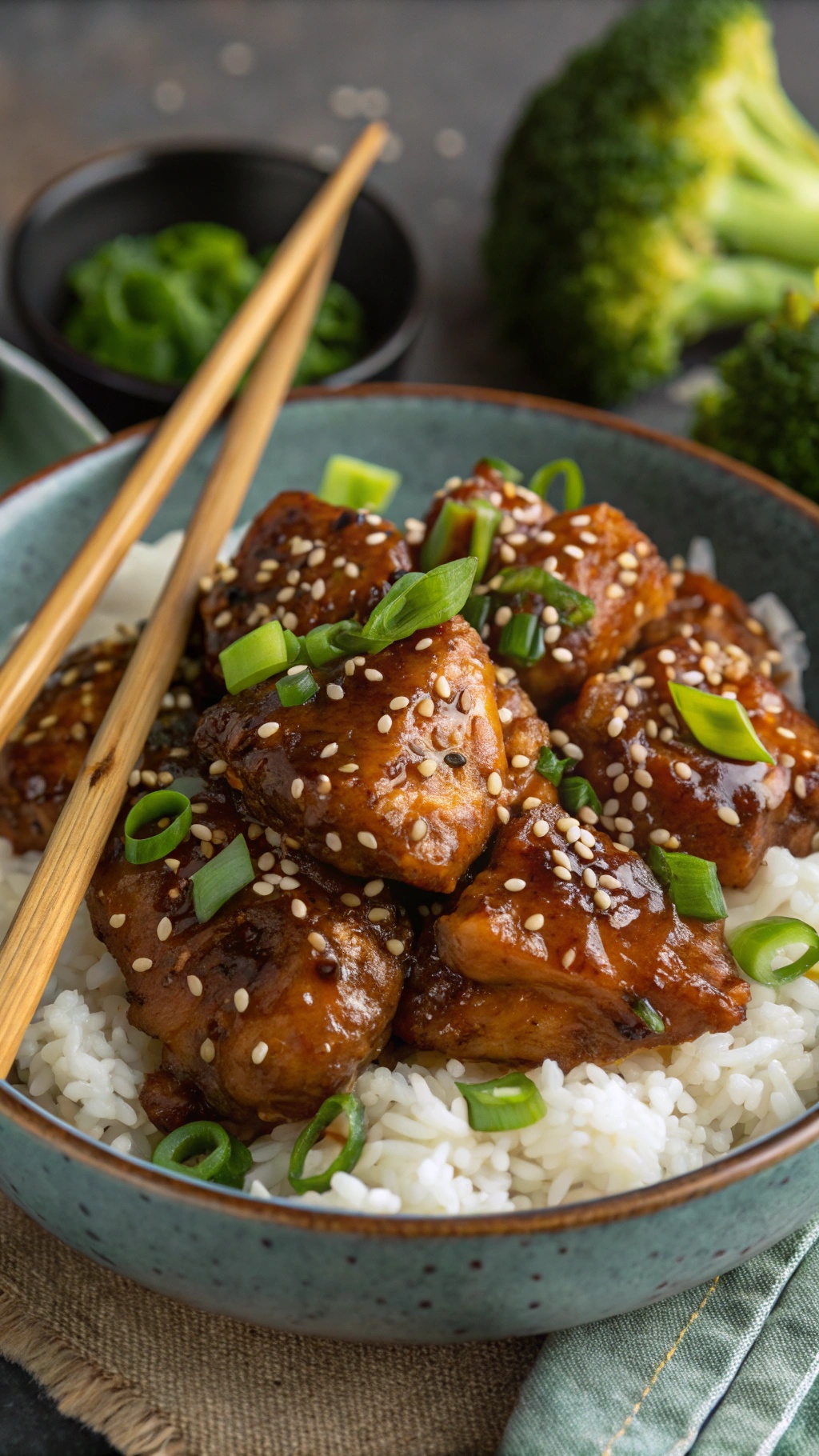 A bowl of teriyaki chicken thighs garnished with sesame seeds and green onions, served over rice.