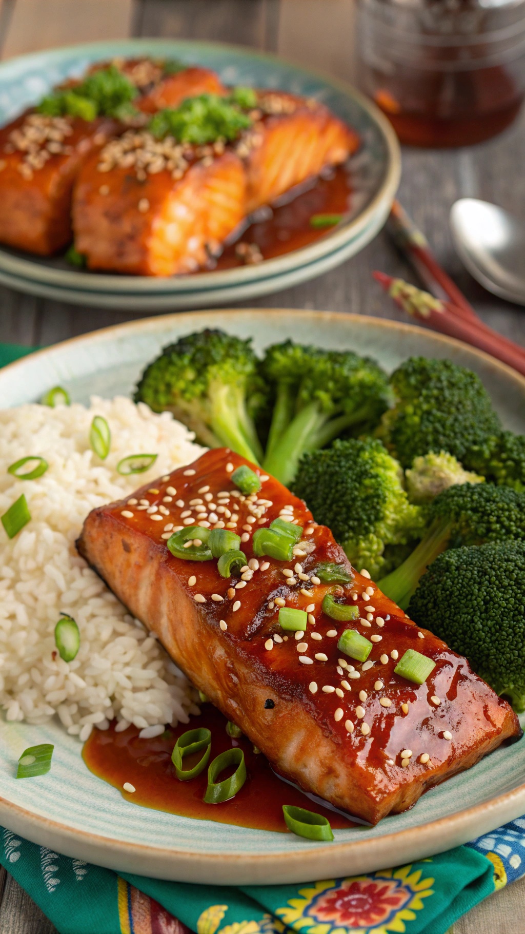 A plate of teriyaki salmon served with rice and broccoli, garnished with sesame seeds and green onions.
