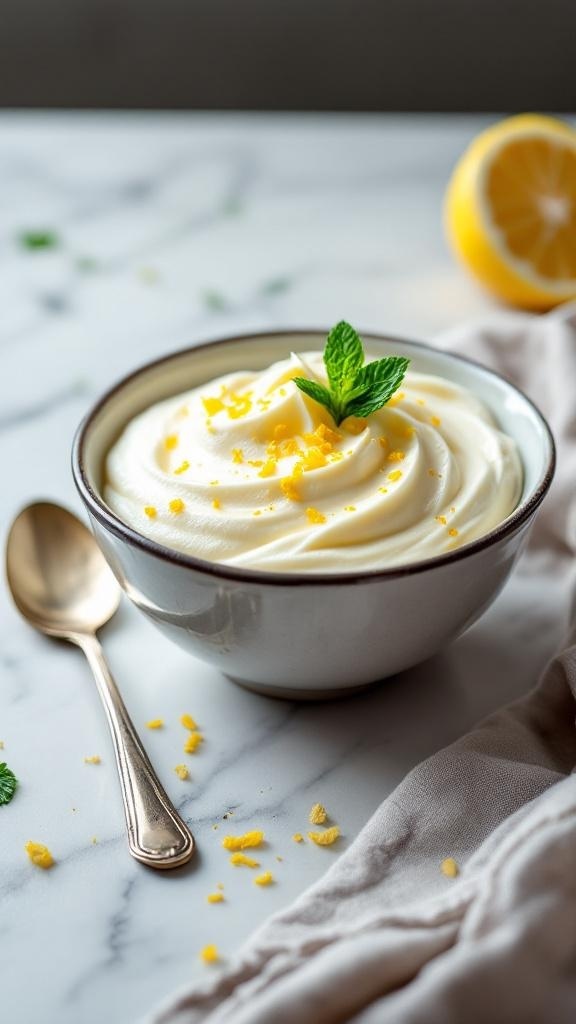 A bowl of sugar-free lemon mousse topped with mint and lemon zest