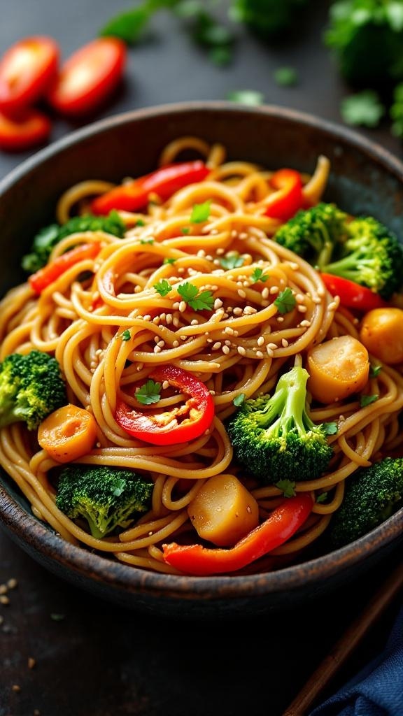 A bowl of vegan soba noodle stir-fry with broccoli, bell peppers, and sesame seeds.