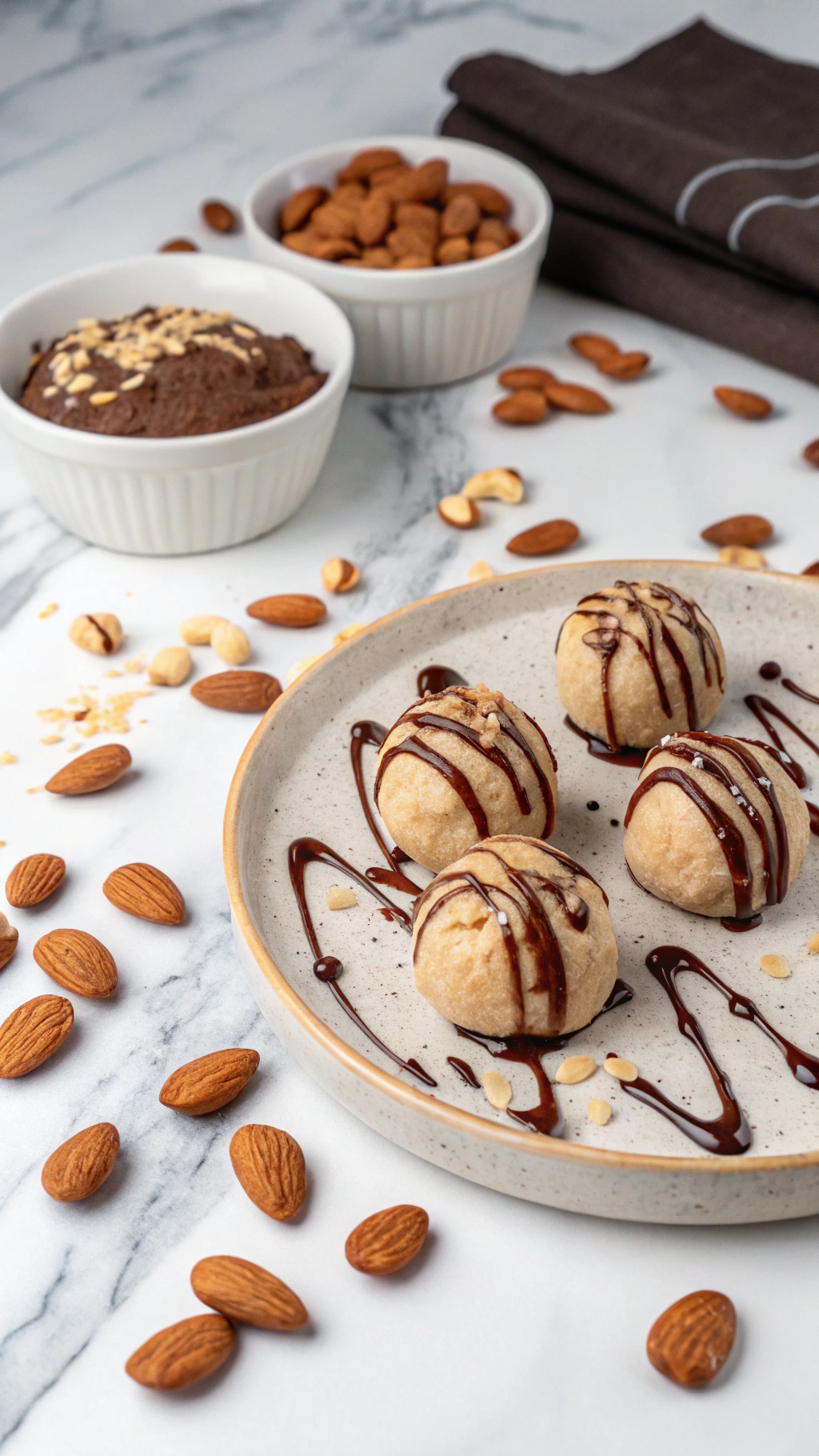 Plate of Sweet Almond Butter Fat Bombs drizzled with chocolate, surrounded by almonds and a chocolate dip.