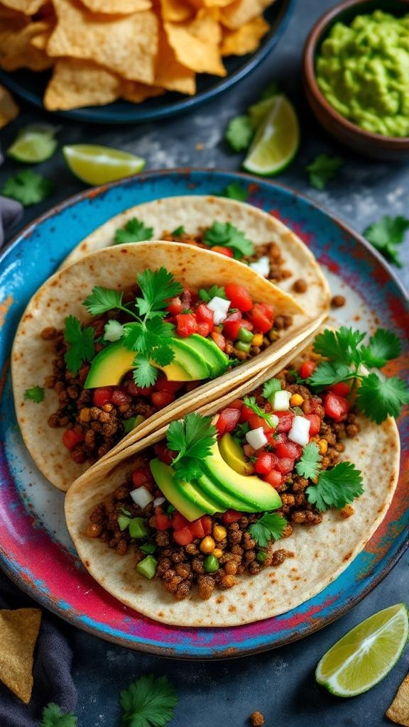 Delicious vegan tacos with lentils, avocado, and fresh toppings on a colorful plate.