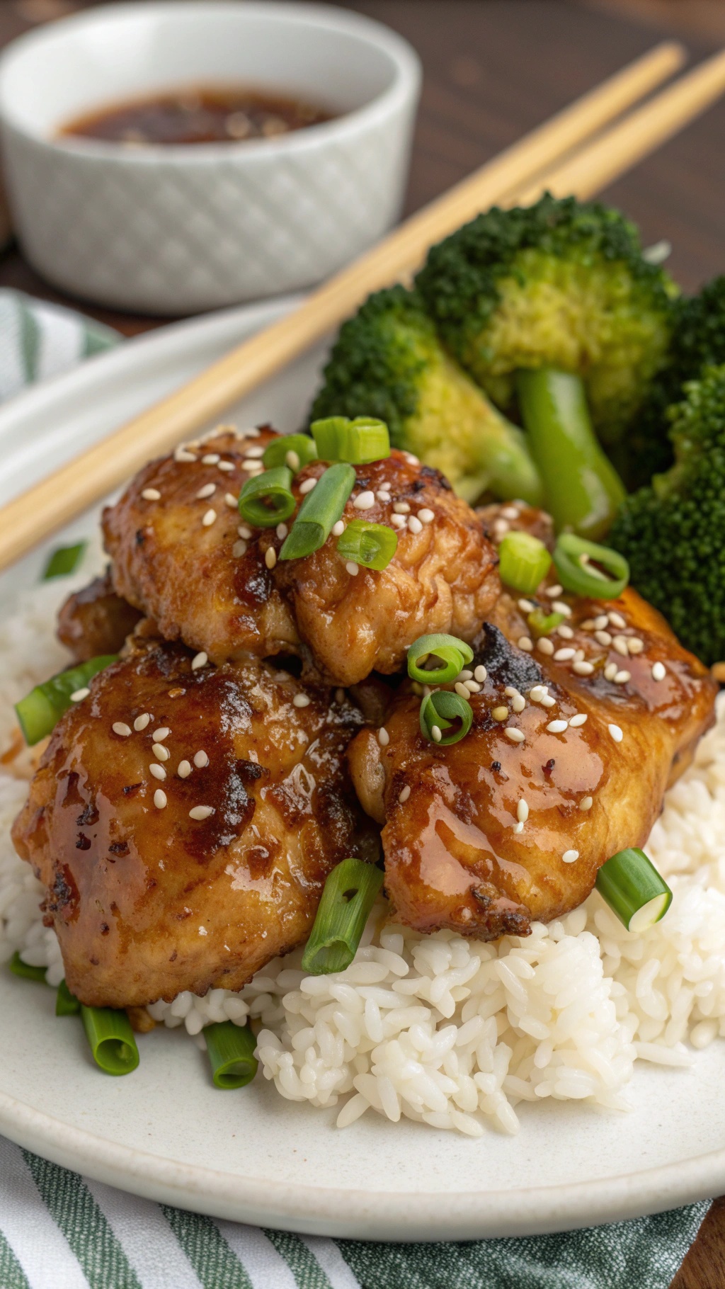 A plate of honey garlic chicken served over rice with steamed broccoli, garnished with green onions and sesame seeds.