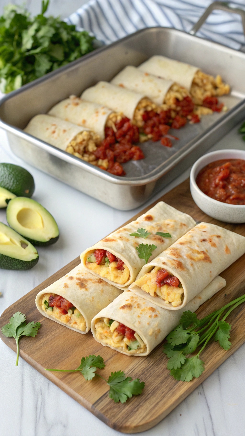 Delicious sheet pan breakfast burritos filled with eggs, cheese, and salsa, garnished with cilantro.