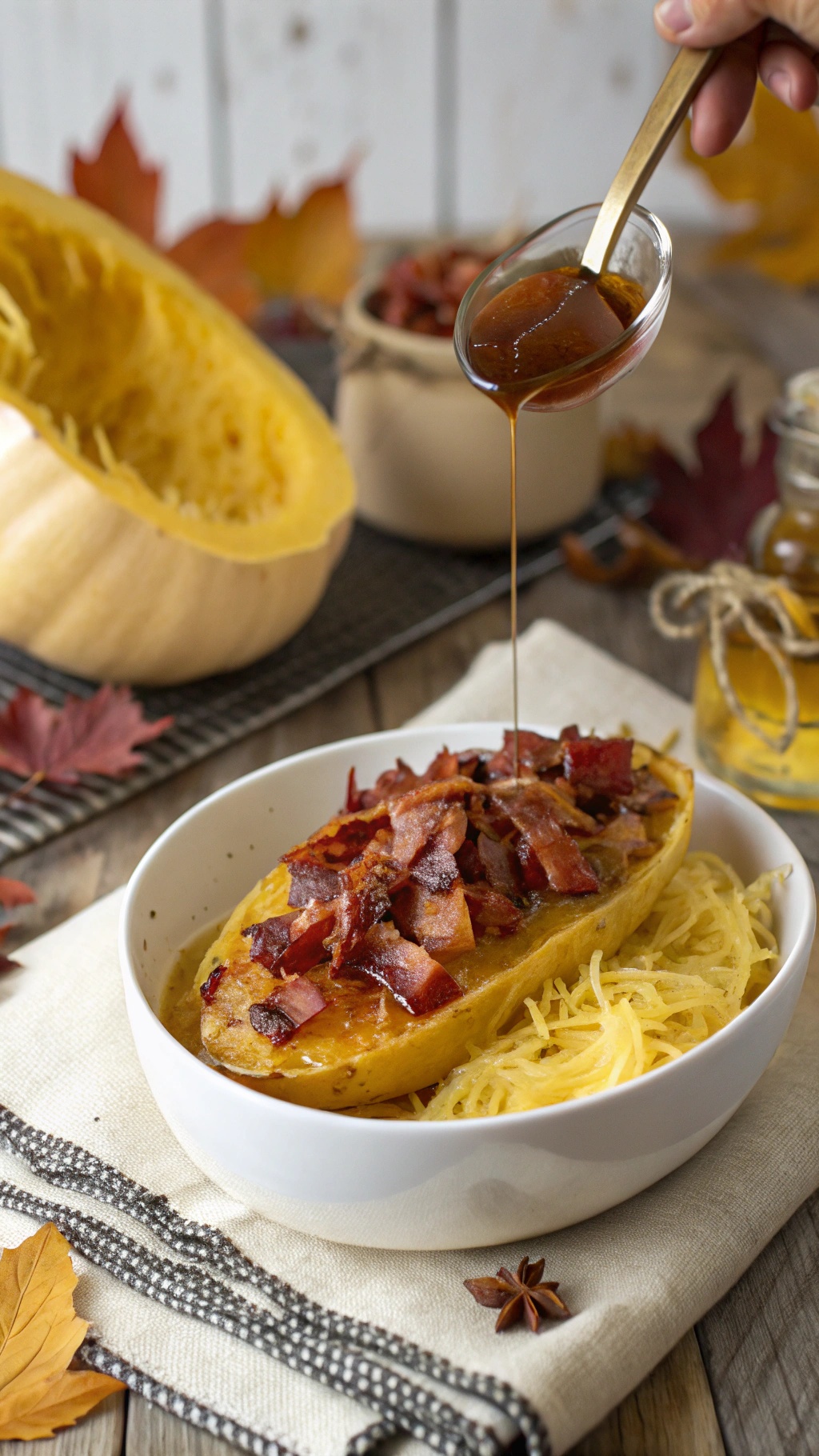 A bowl of spaghetti squash topped with crispy bacon and drizzled with maple syrup, surrounded by autumn leaves.