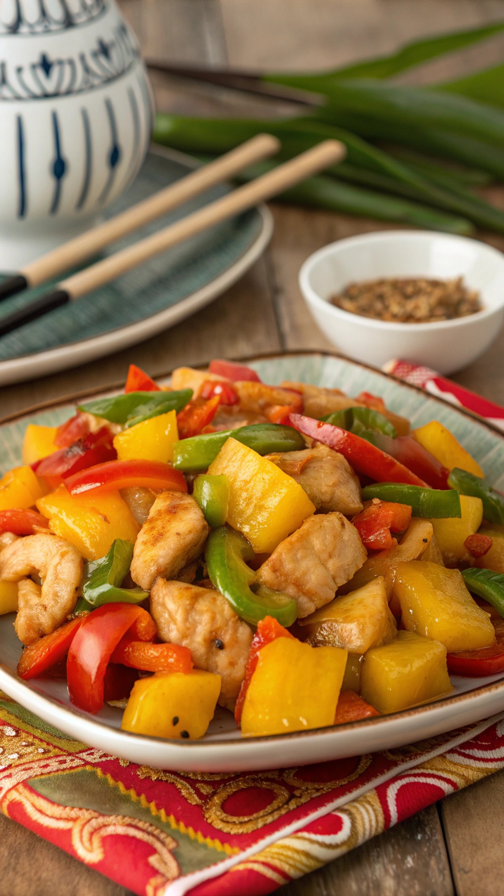 A colorful plate of sweet and sour chicken stir-fry with bell peppers and pineapple.