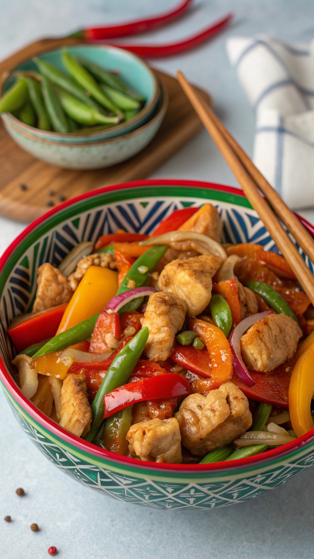 A colorful bowl of Sweet and Sour Chicken Thigh Stir-Fry with vibrant vegetables.