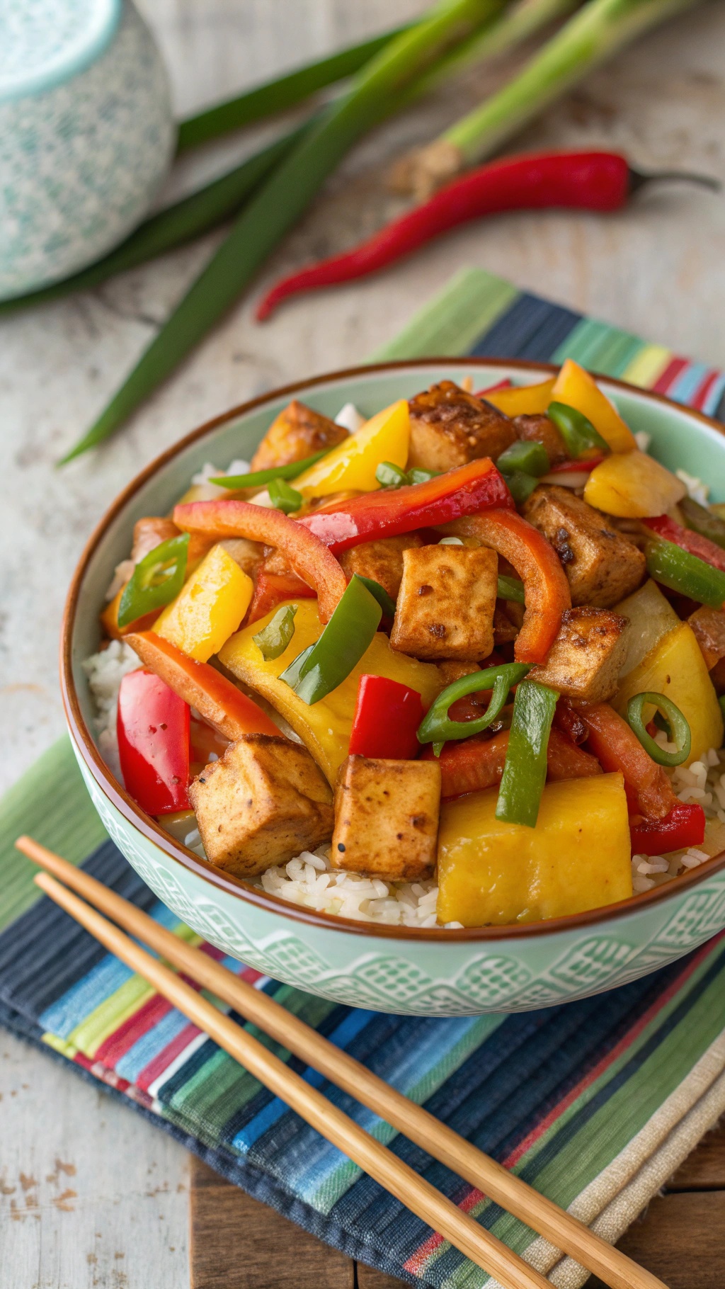 A bowl of Sweet and Sour Tofu Stir-Fry with colorful vegetables and tofu cubes over rice.