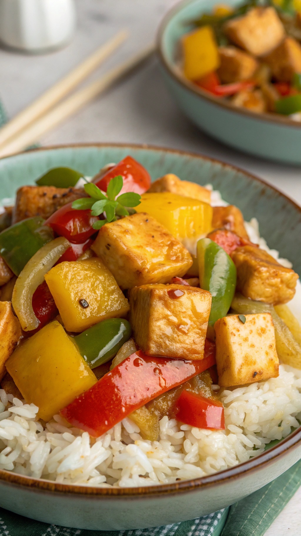 A colorful bowl of sweet and sour tofu with pineapple, served over rice, featuring vibrant bell peppers and crispy tofu.