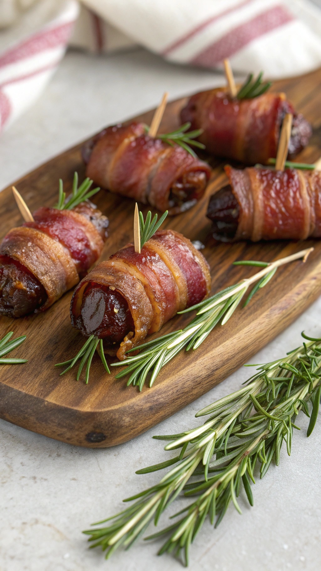 A wooden platter with sweet and spicy bacon-wrapped dates garnished with rosemary.