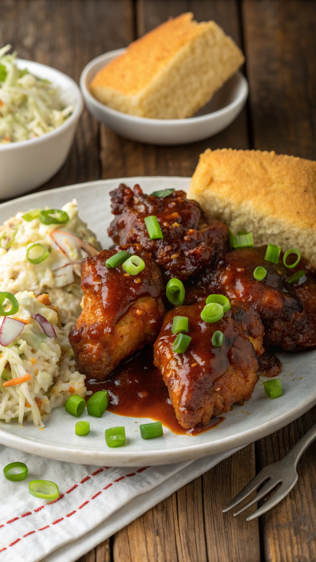 A plate of sweet and spicy baked BBQ chicken with coleslaw and cornbread on the side.