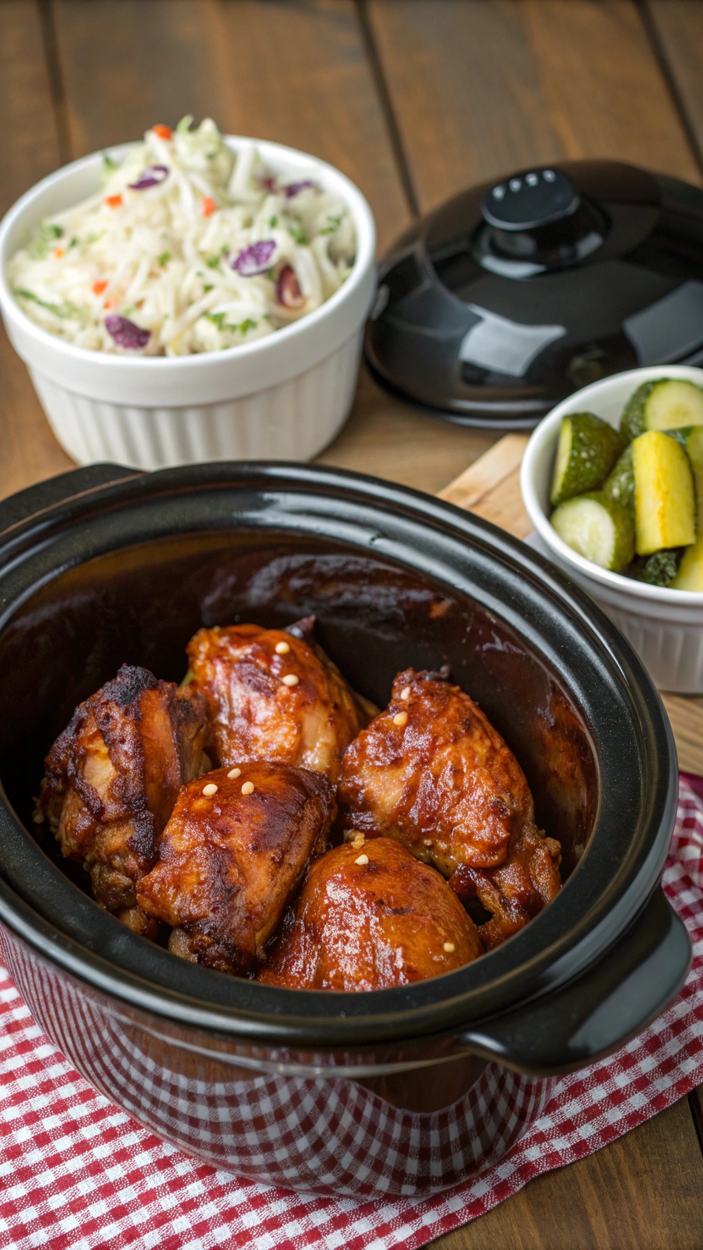 Crock pot filled with sweet and spicy BBQ chicken, with sides of coleslaw and pickles.