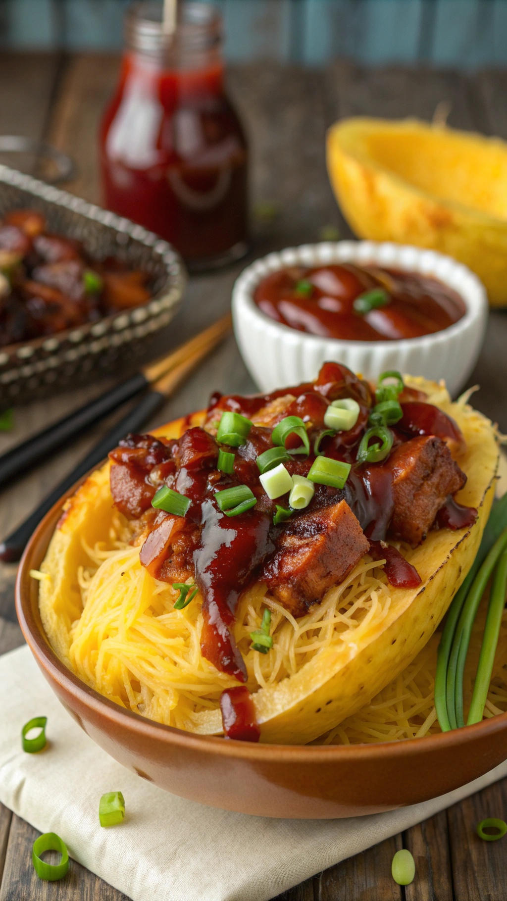 A bowl of spaghetti squash topped with BBQ meat and sauce, garnished with green onions.