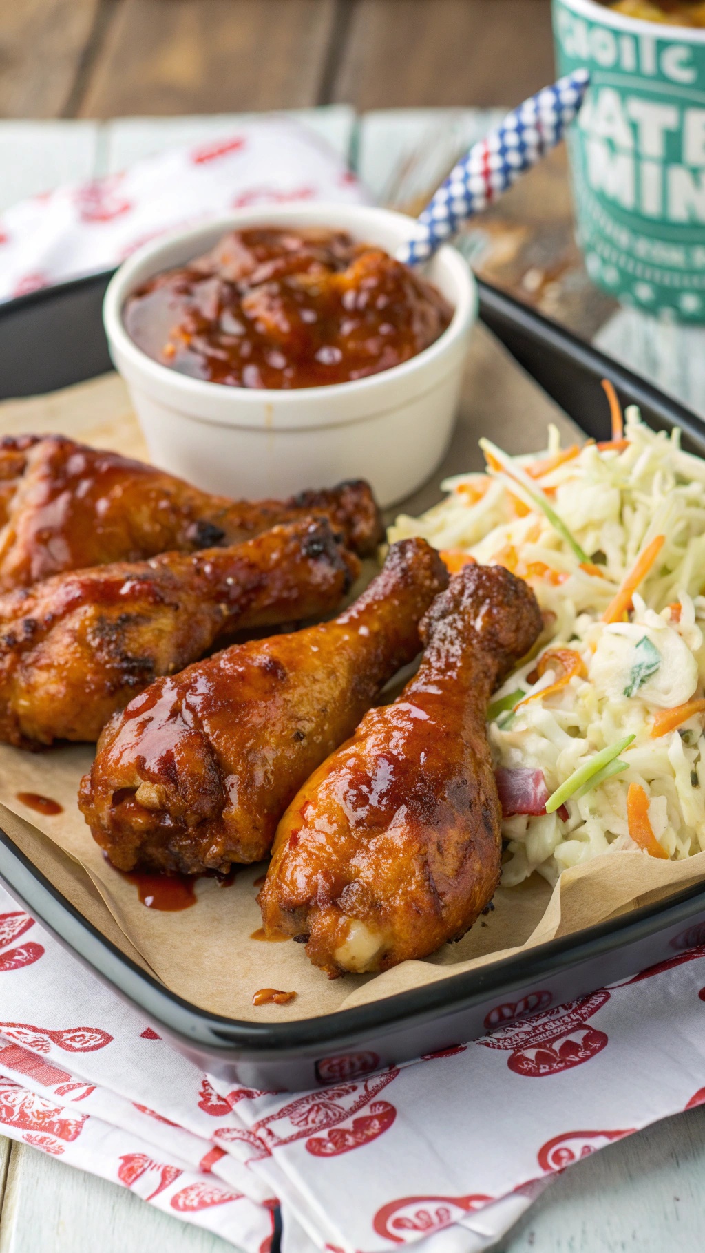 A plate of sweet and spicy chicken drumsticks with coleslaw and a small bowl of sauce.