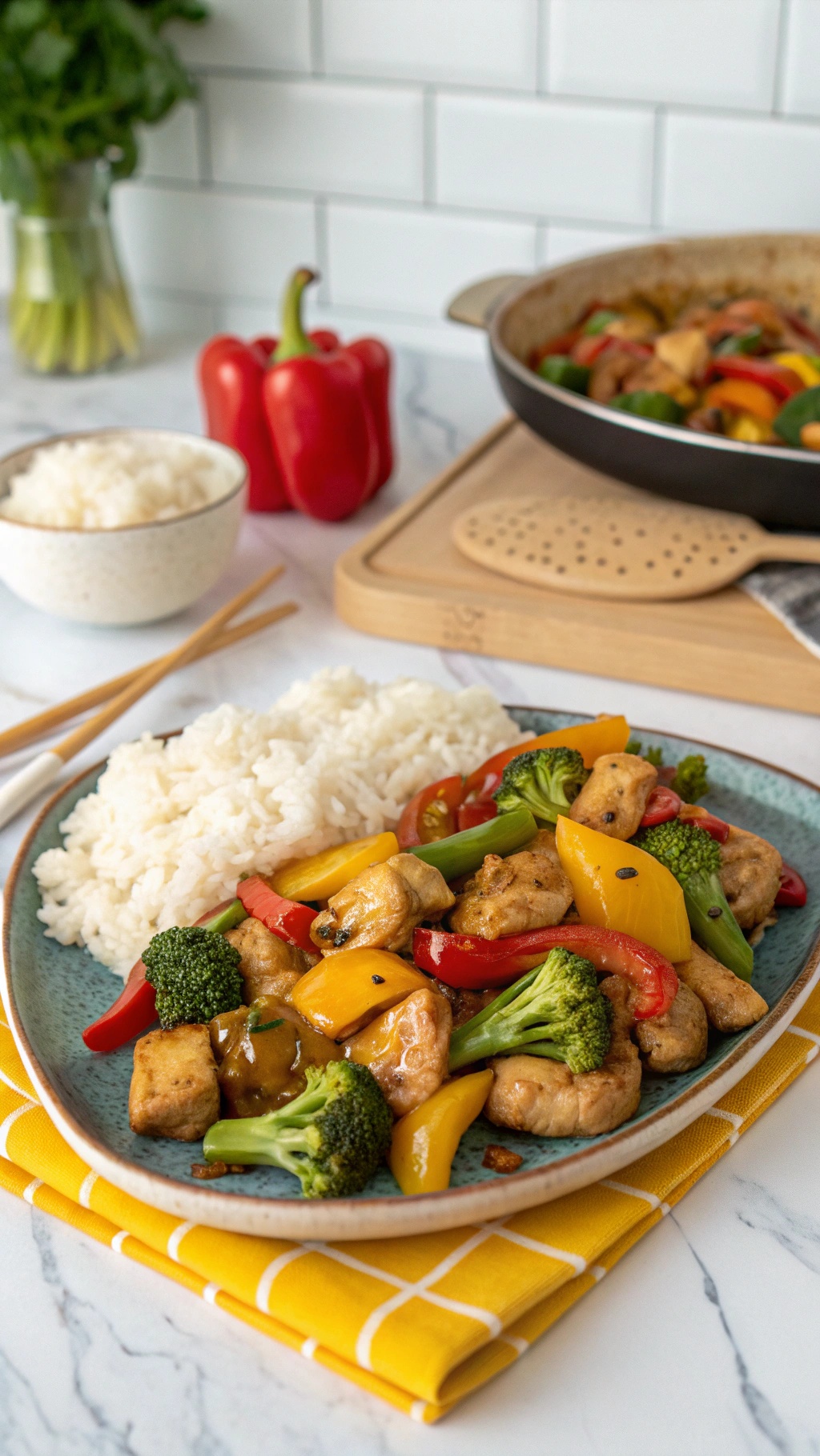 A plate of honey garlic chicken with colorful vegetables and rice, showcasing a healthy and delicious meal.