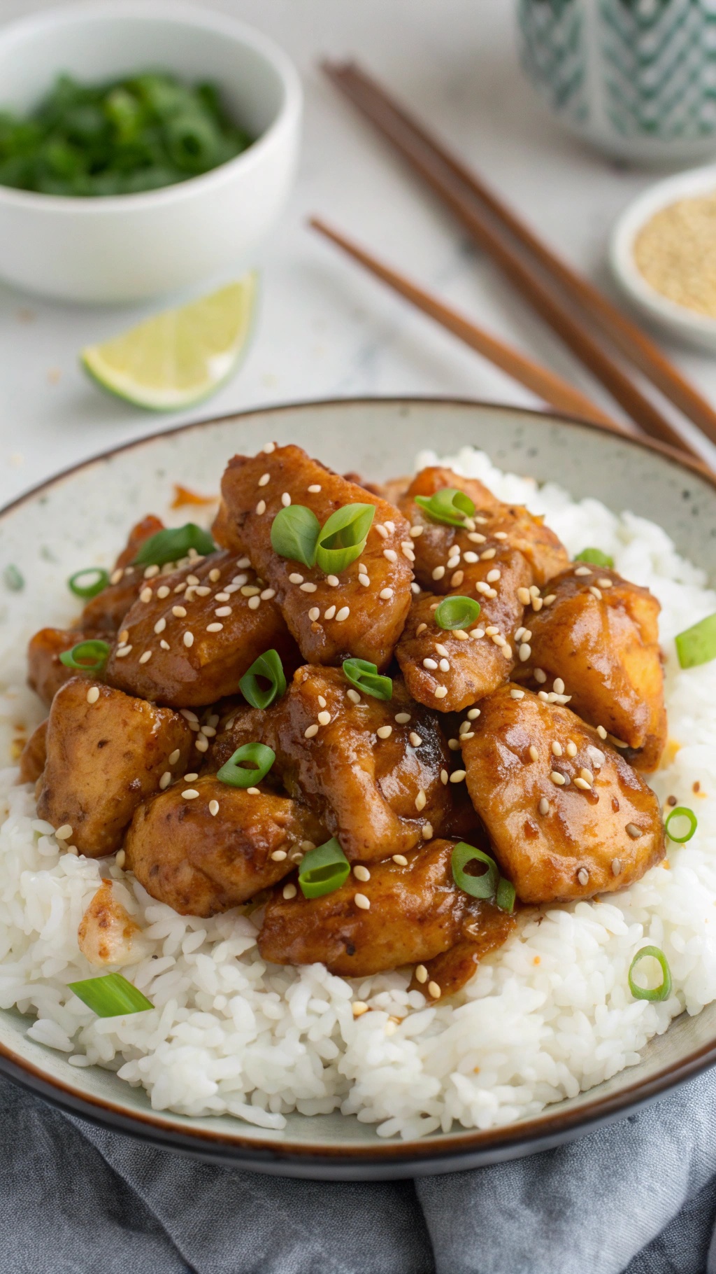 Sweet and Spicy Honey Garlic Chicken served over rice with sesame seeds and green onions